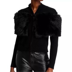 Adrienne Landau Black Faux Fur Trim Sweater